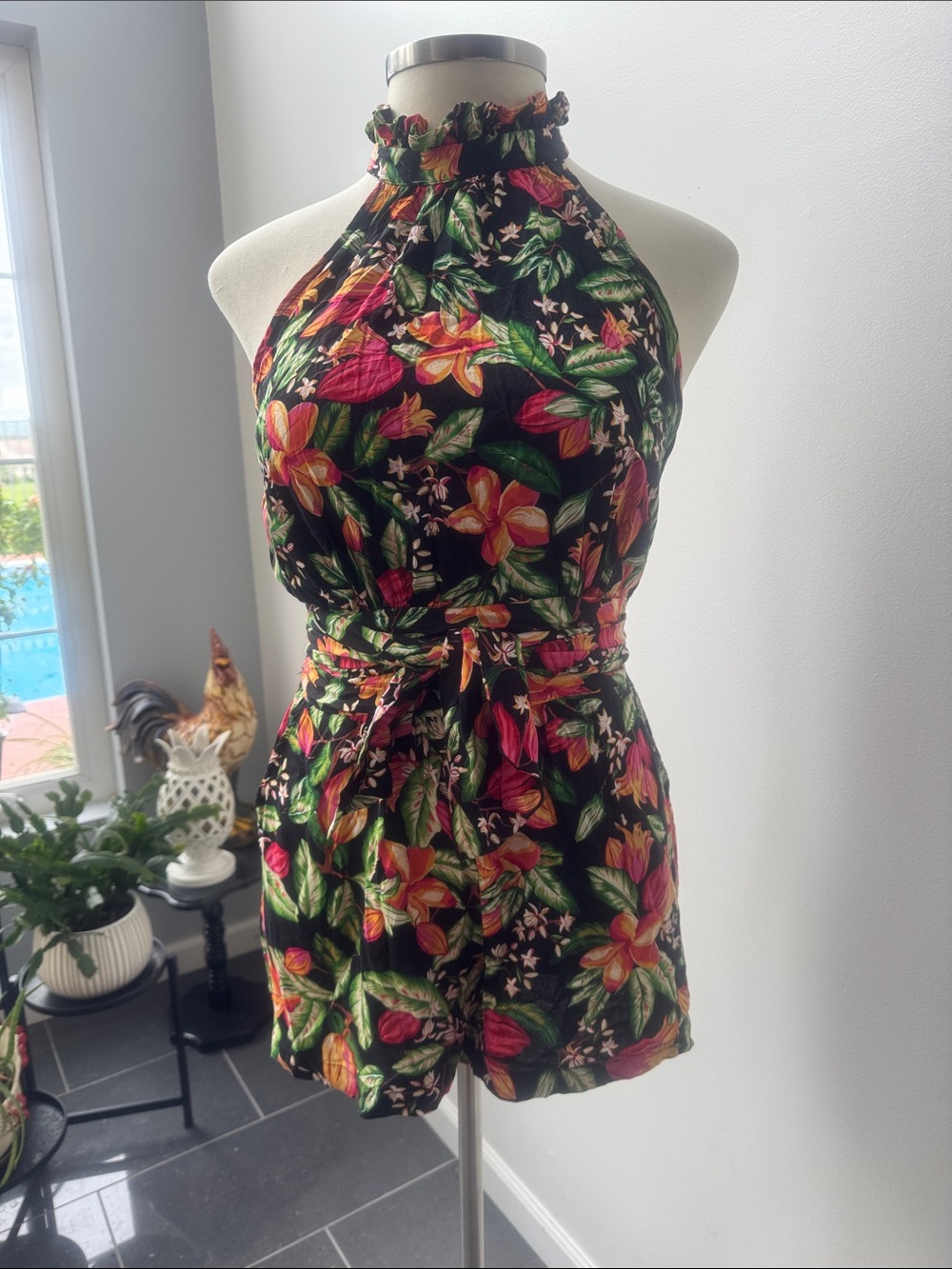Nicole Miller Black Halter Floral One-Piece Romper with Green and Pink Accents